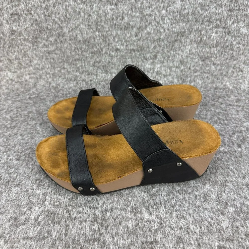 ✅Womens 8.5 AGAPE COLLECTION Platform Sandals Black Wedge Studded Faux Leather - Picture 5 of 11